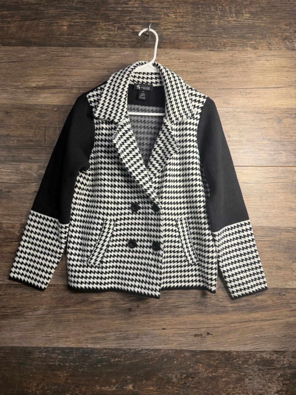 Women's Houndstooth Double-Breasted Peacoat - Black & White